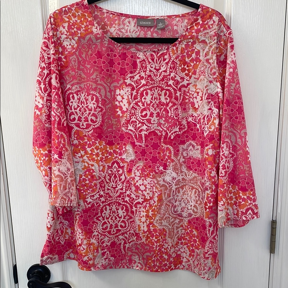 Chico's Vibrant Pink and Orange Relaxed 3/4 Sleeve Blouse